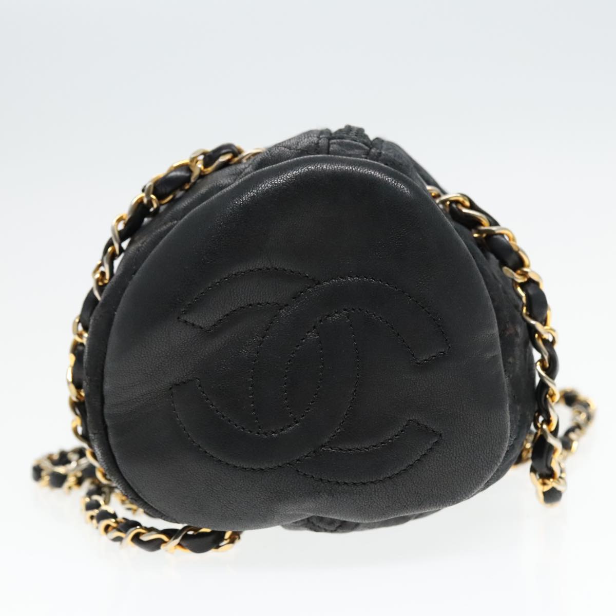 CHANEL Chain Shoulder Bag Lamb Skin Gold Black CC Auth bs18350