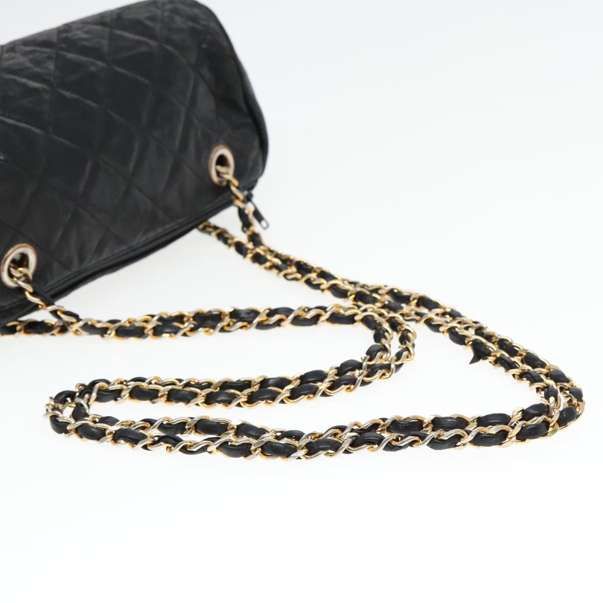 CHANEL Chain Shoulder Bag Lamb Skin Gold Black CC Auth bs18350