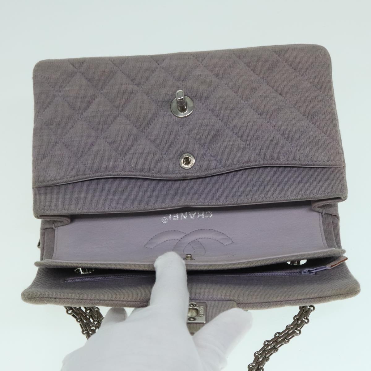 CHANEL Matelasse Chain Hand Bag Cotton Purple Silver CC Auth bs18352