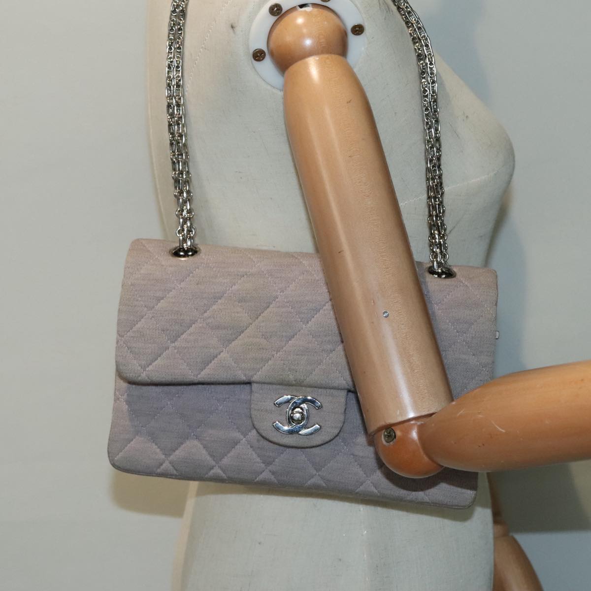 CHANEL Matelasse Chain Hand Bag Cotton Purple Silver CC Auth bs18352