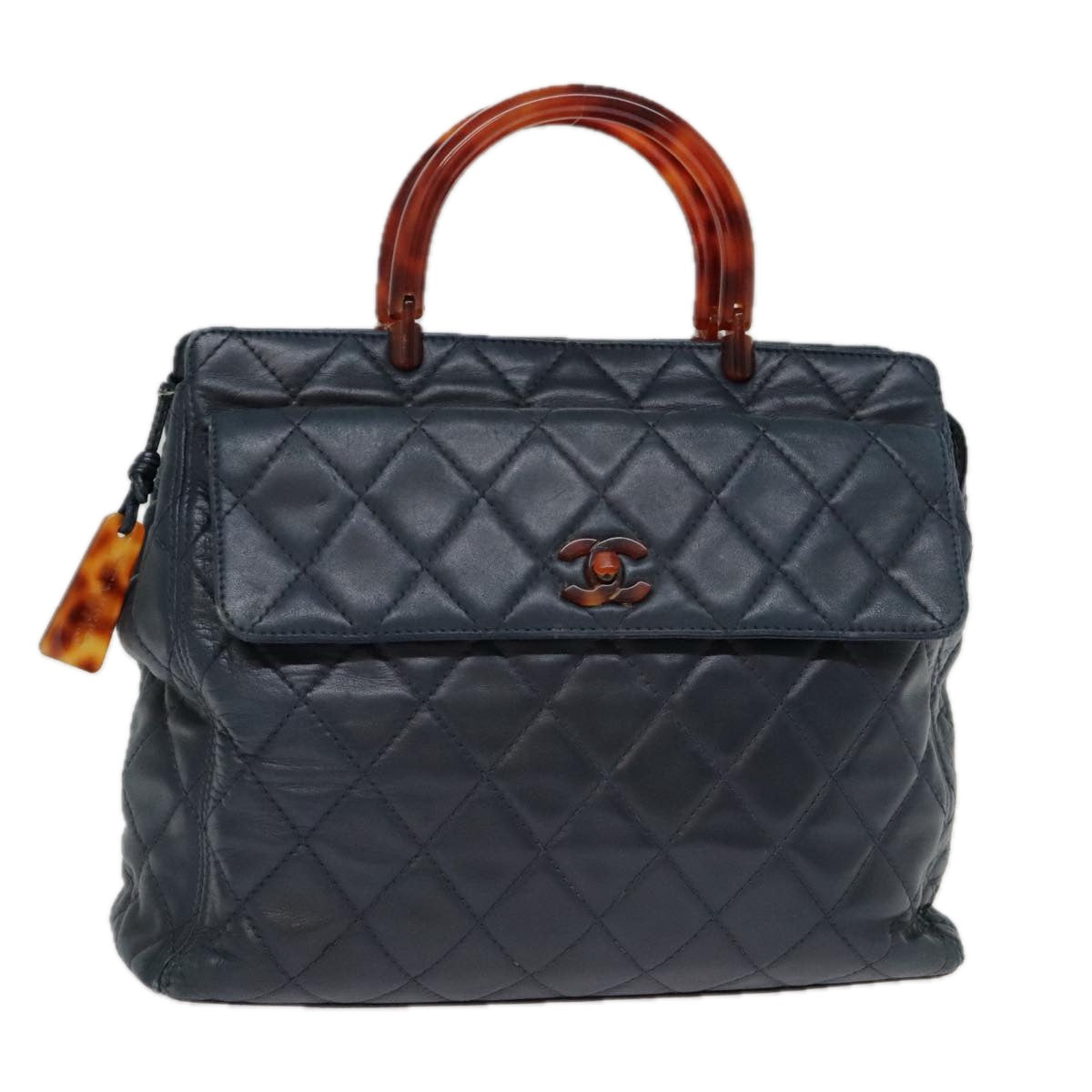 CHANEL Matelasse Hand Bag Lamb Skin Navy CC Auth bs18353