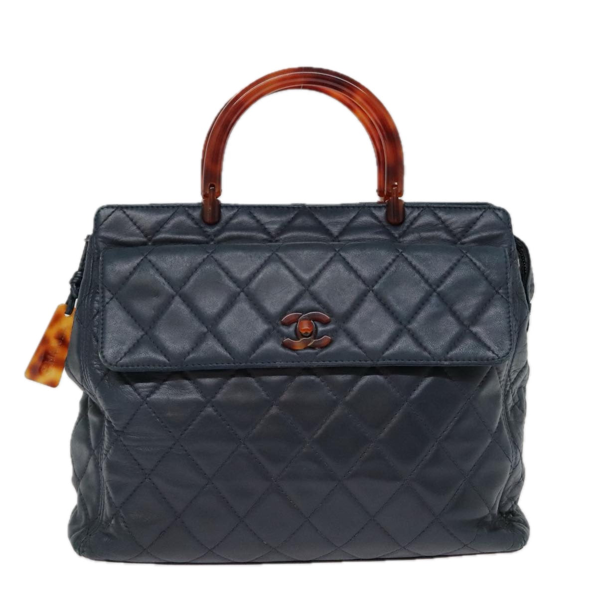 CHANEL Matelasse Hand Bag Lamb Skin Navy CC Auth bs18353