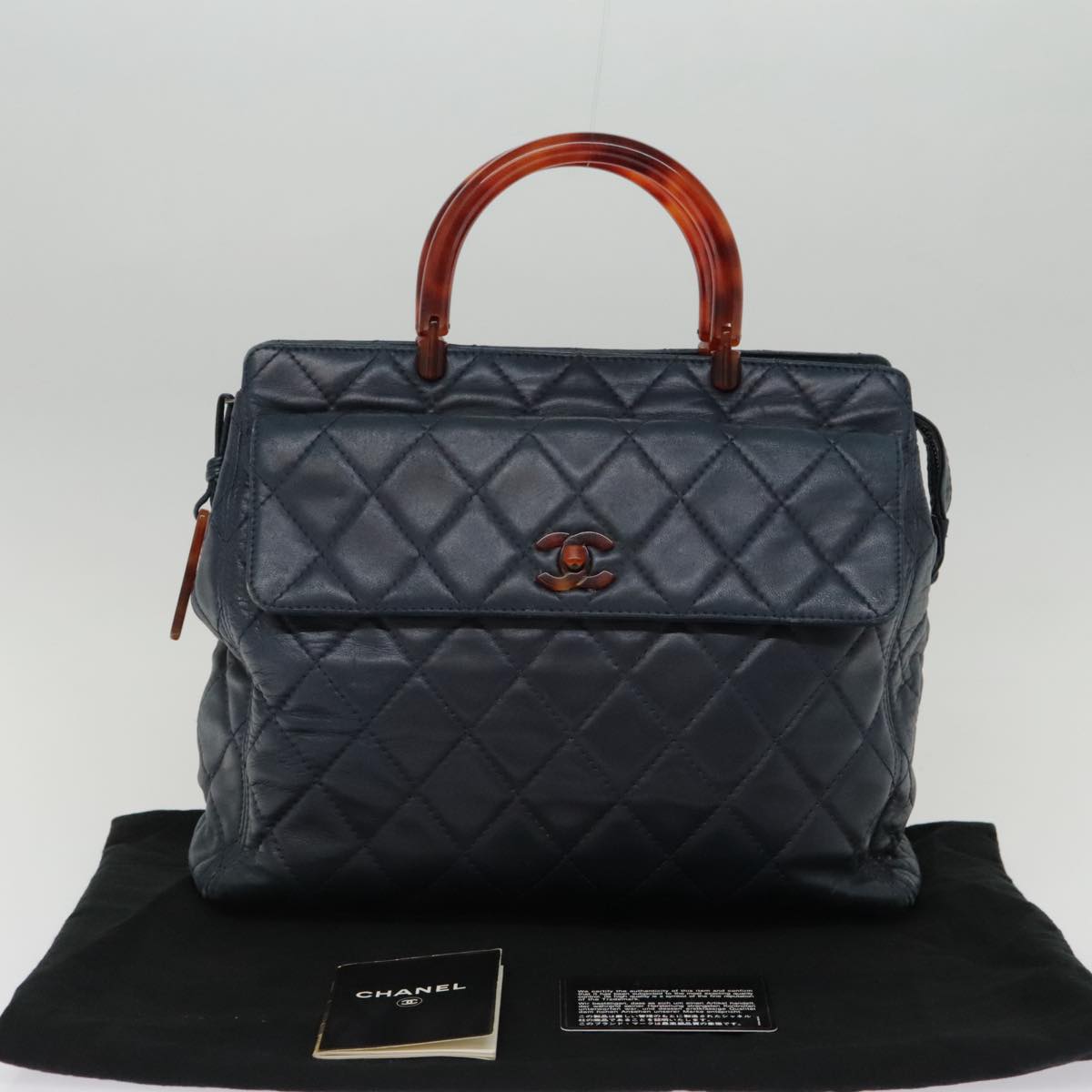 CHANEL Matelasse Hand Bag Lamb Skin Navy CC Auth bs18353