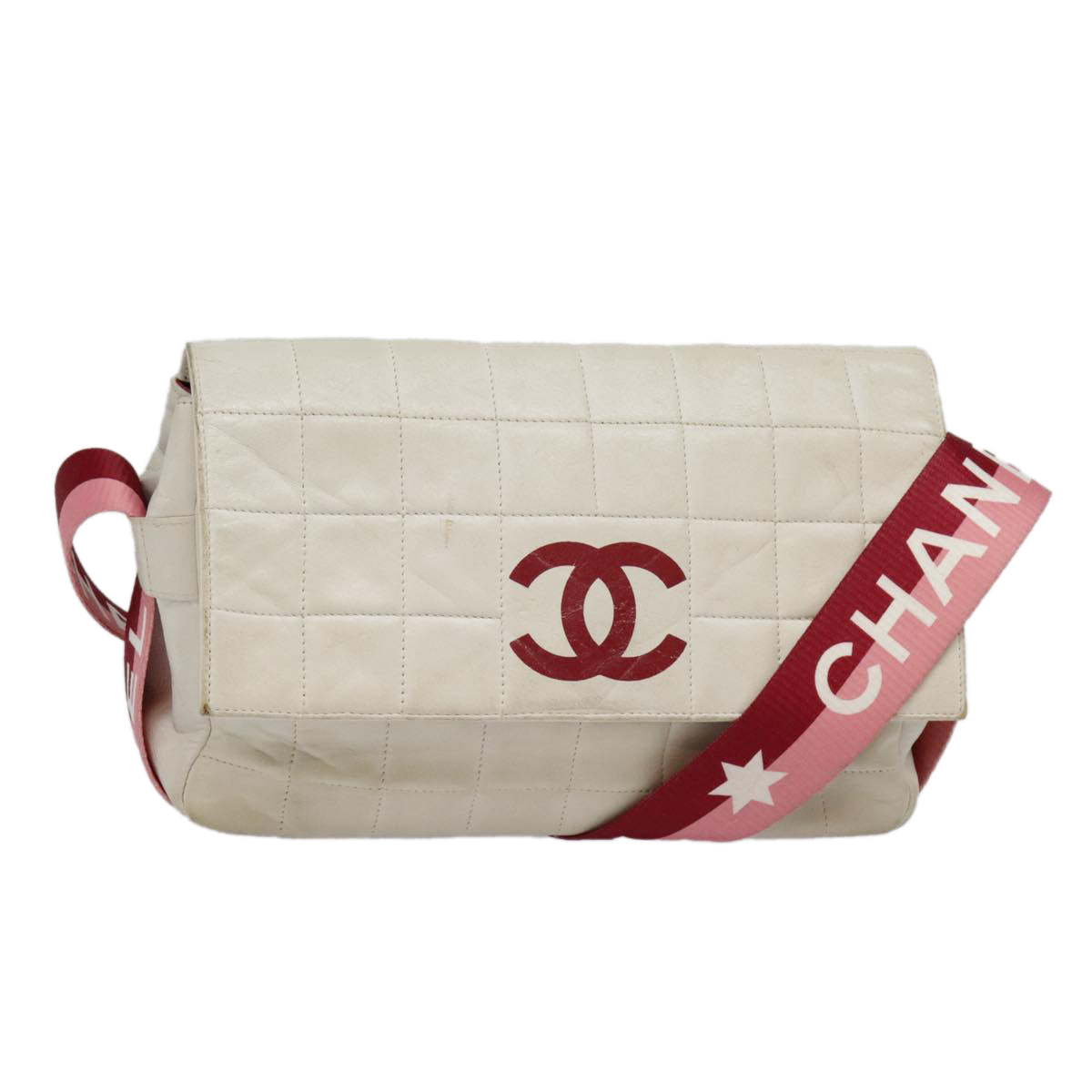 CHANEL Choco Bar Shoulder Bag Leather White Gold pink CC Auth bs18354