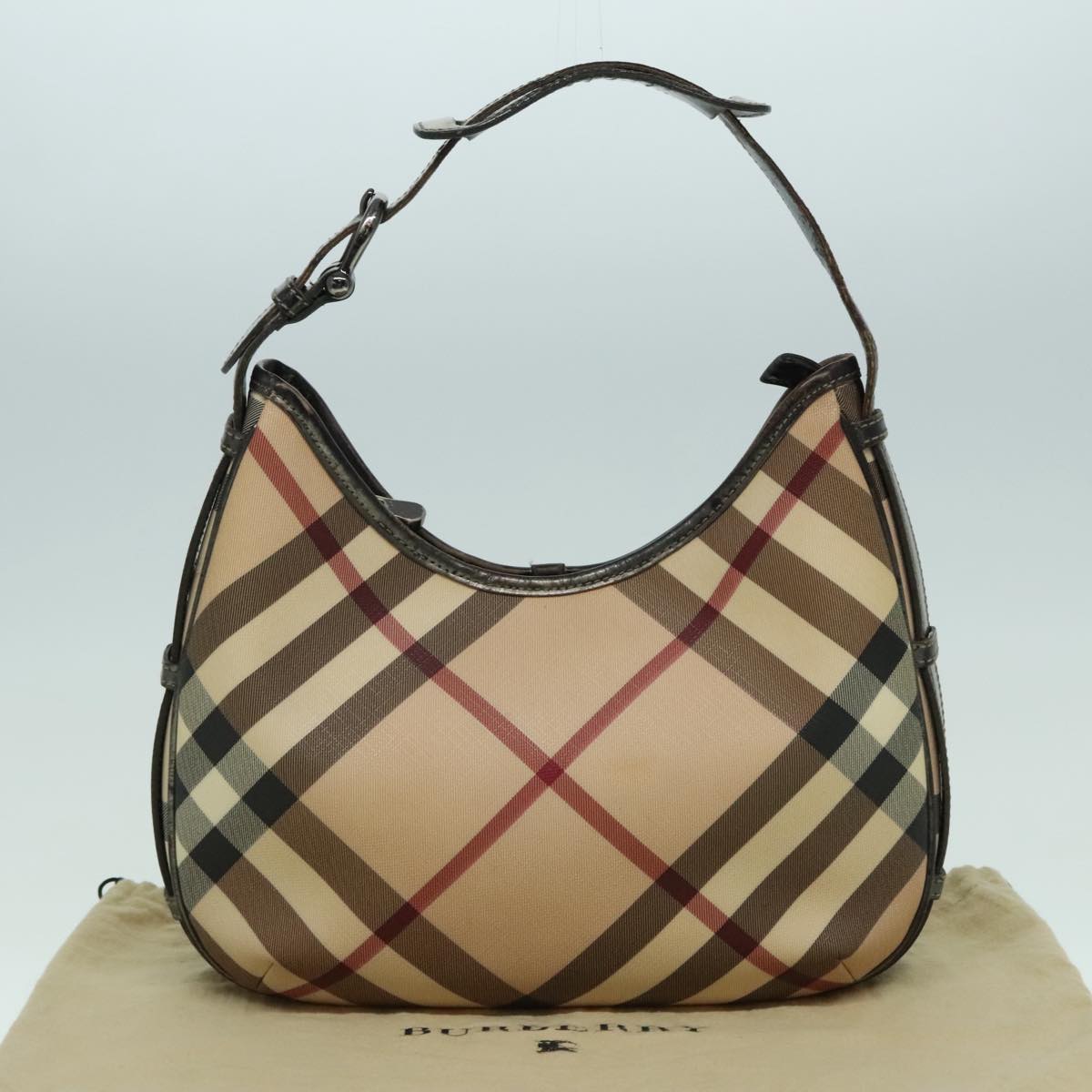 BURBERRY Nova Check Shoulder Bag PVC Beige Silver Auth bs18369