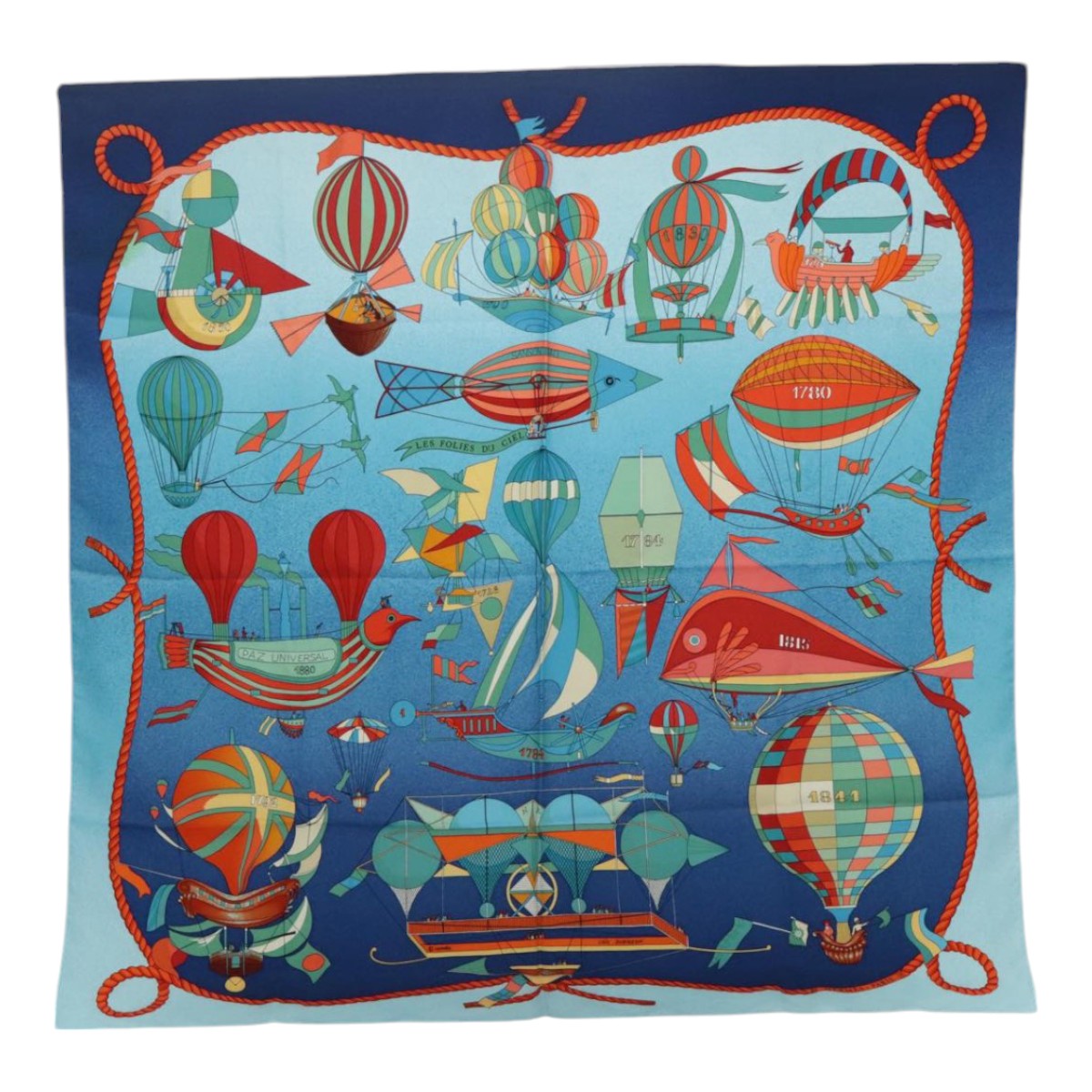 HERMES Carre 90 Scarf ""LES FOLIES DU CIEL"" Silk Blue Orange Auth bs18398