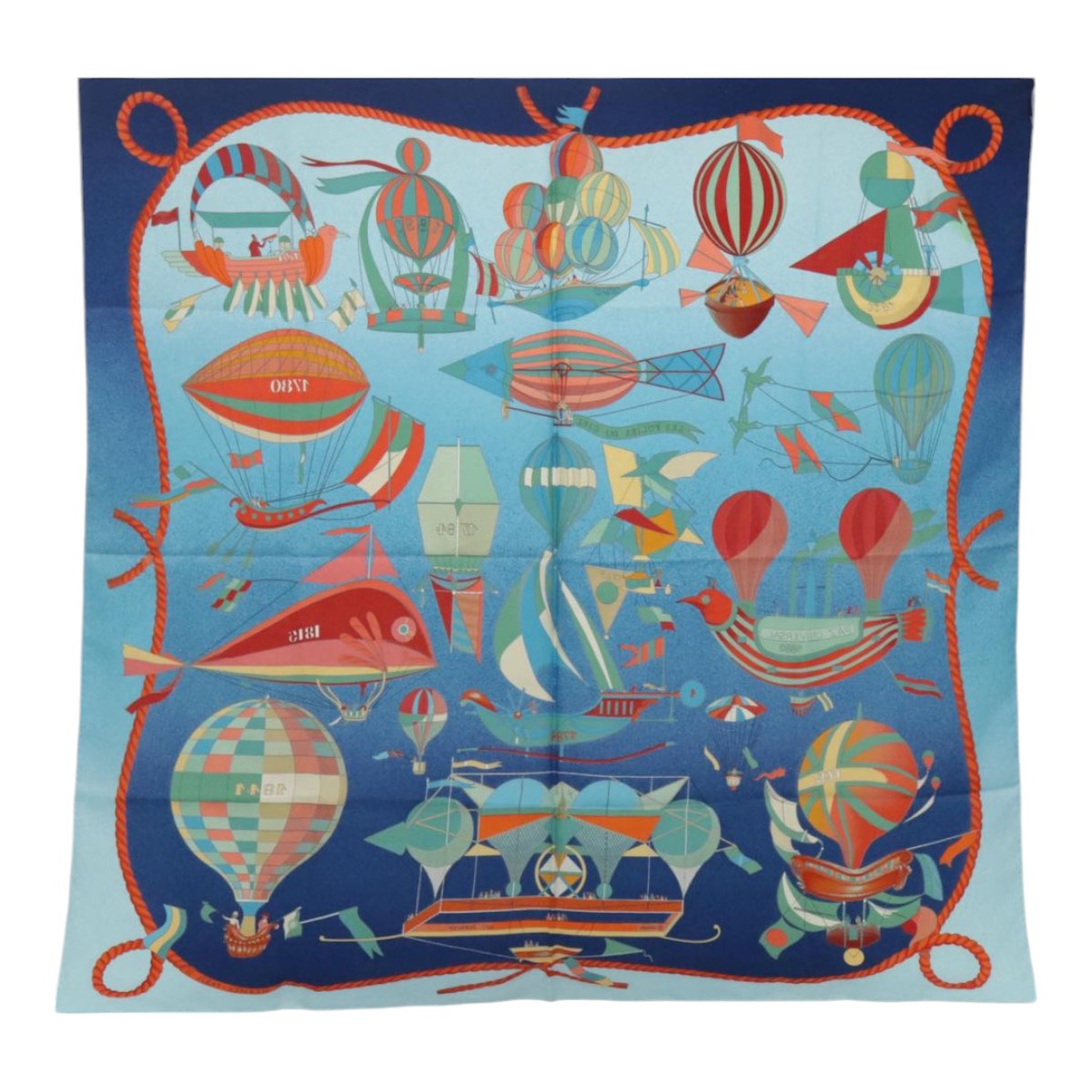 HERMES Carre 90 Scarf ""LES FOLIES DU CIEL"" Silk Blue Orange Auth bs18398 - 0