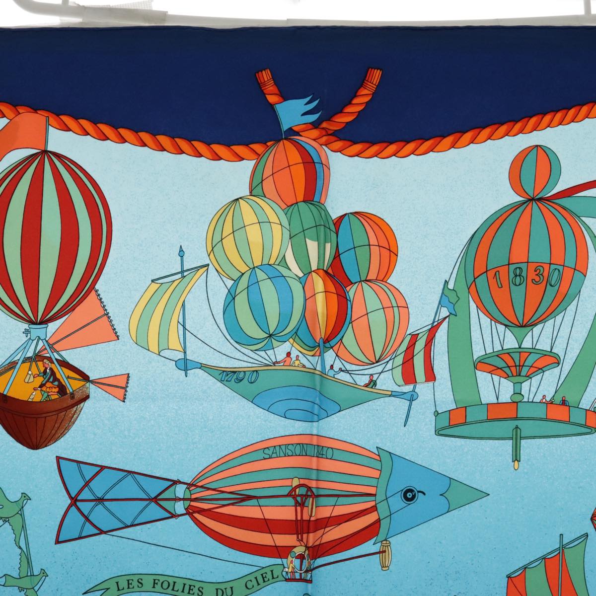 HERMES Carre 90 Scarf ""LES FOLIES DU CIEL"" Silk Blue Orange Auth bs18398