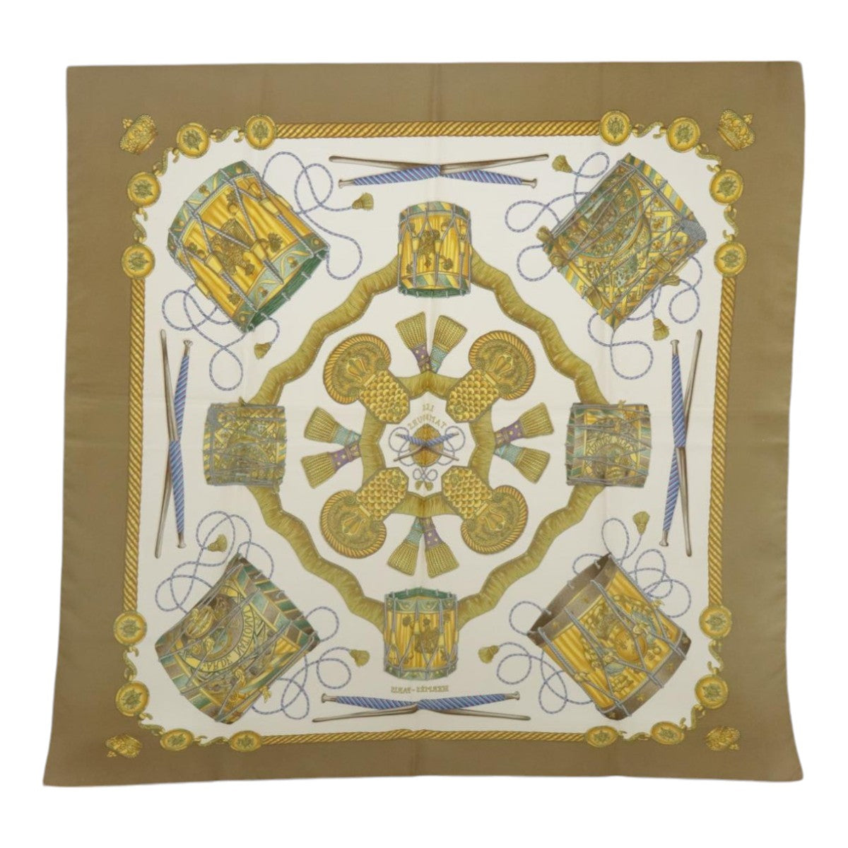 HERMES Carre 90 Scarf ""LES TAMBOURS"" Silk Beige White Auth bs18399 - 0