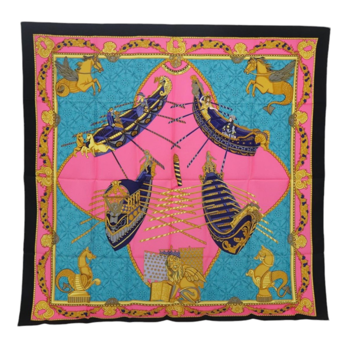 HERMES Carre 90 Scarf ""LES BISSONE DE VENISE"" Silk Blue Black Auth bs18401