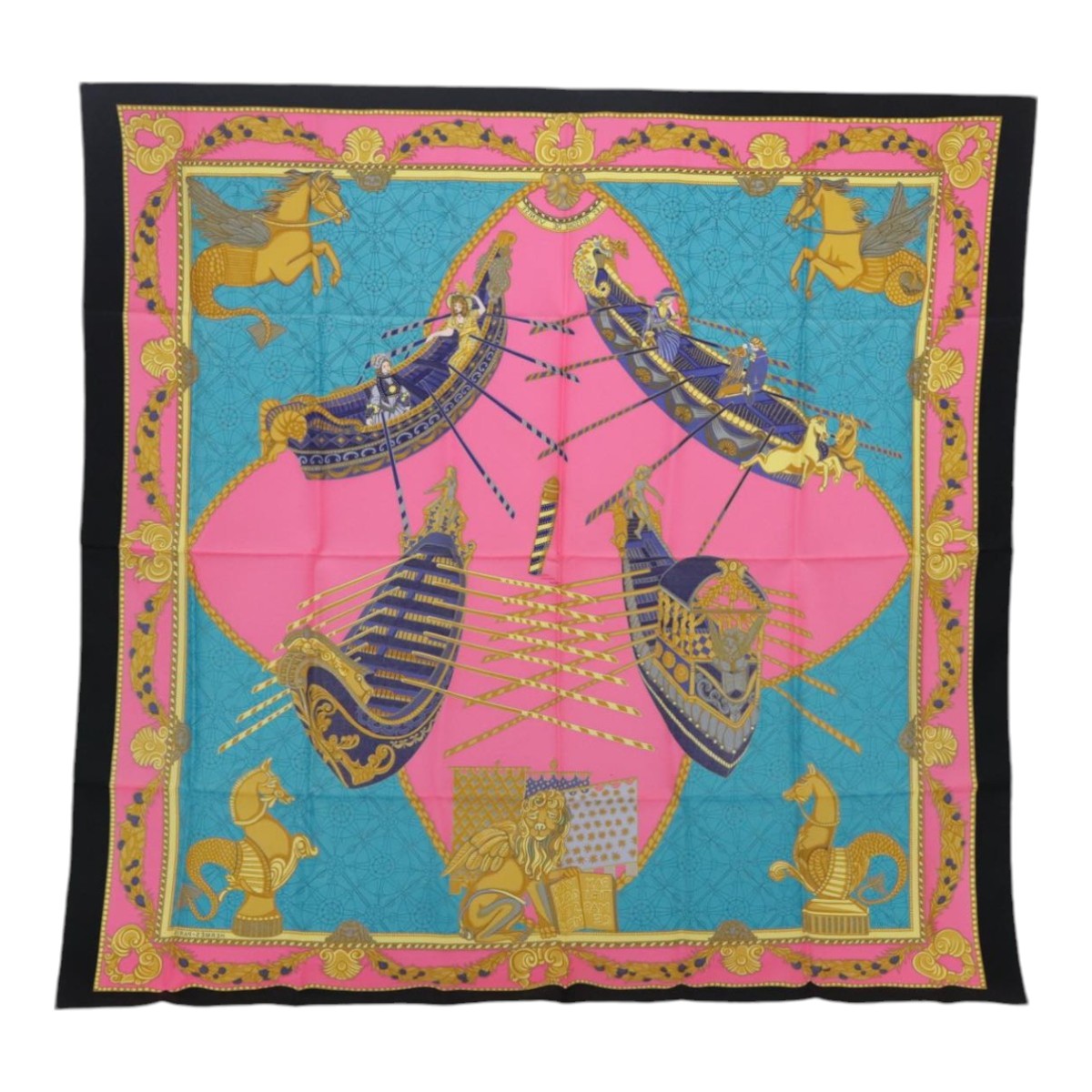 HERMES Carre 90 Scarf ""LES BISSONE DE VENISE"" Silk Blue Black Auth bs18401 - 0