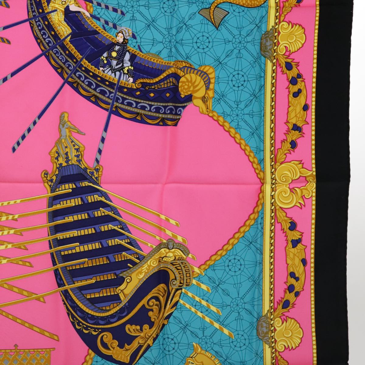 HERMES Carre 90 Scarf ""LES BISSONE DE VENISE"" Silk Blue Black Auth bs18401