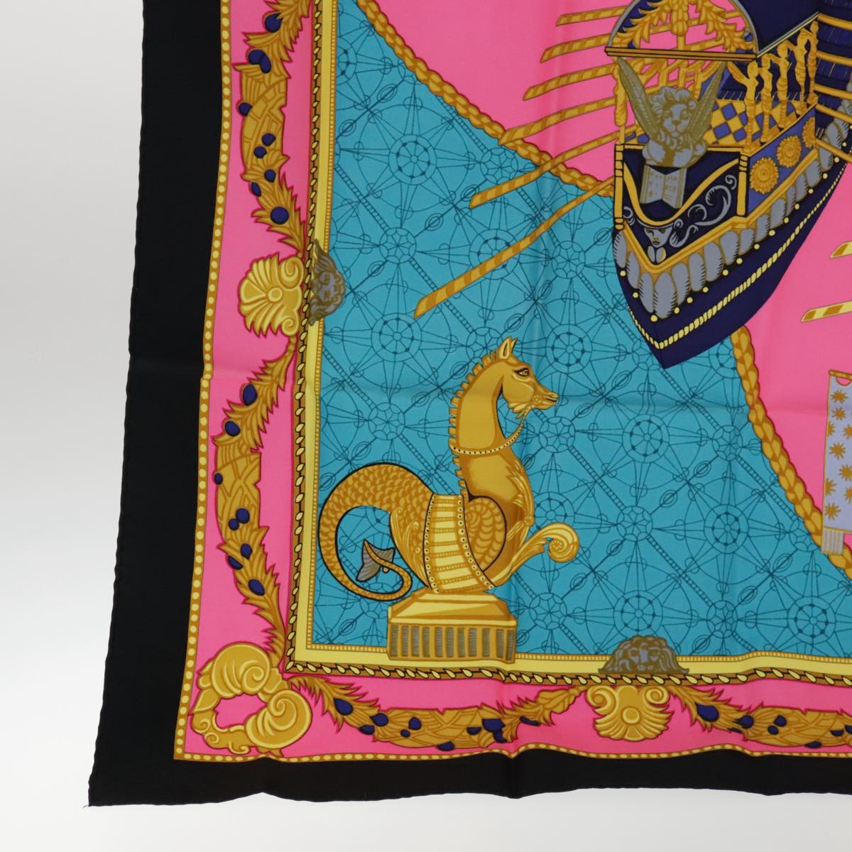 HERMES Carre 90 Scarf ""LES BISSONE DE VENISE"" Silk Blue Black Auth bs18401