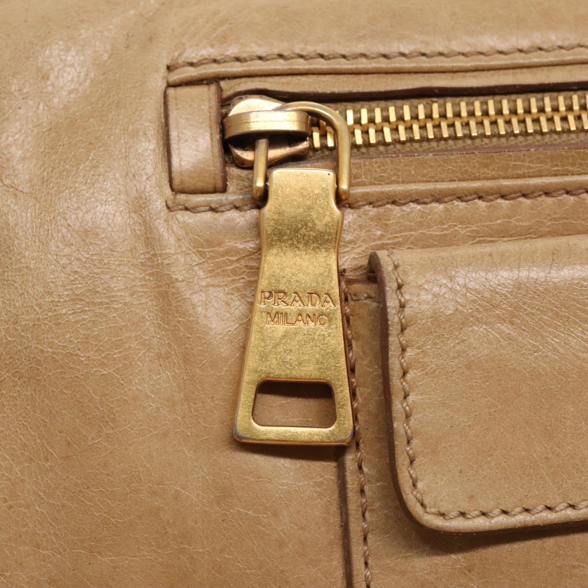 PRADA Hand Bag Leather Beige Gold Auth bs18407