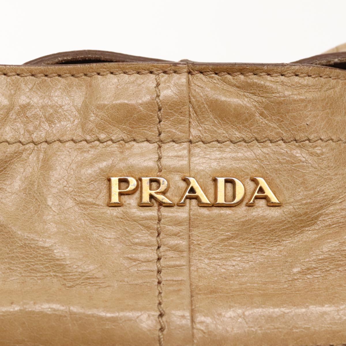 PRADA Hand Bag Leather Beige Gold Auth bs18407