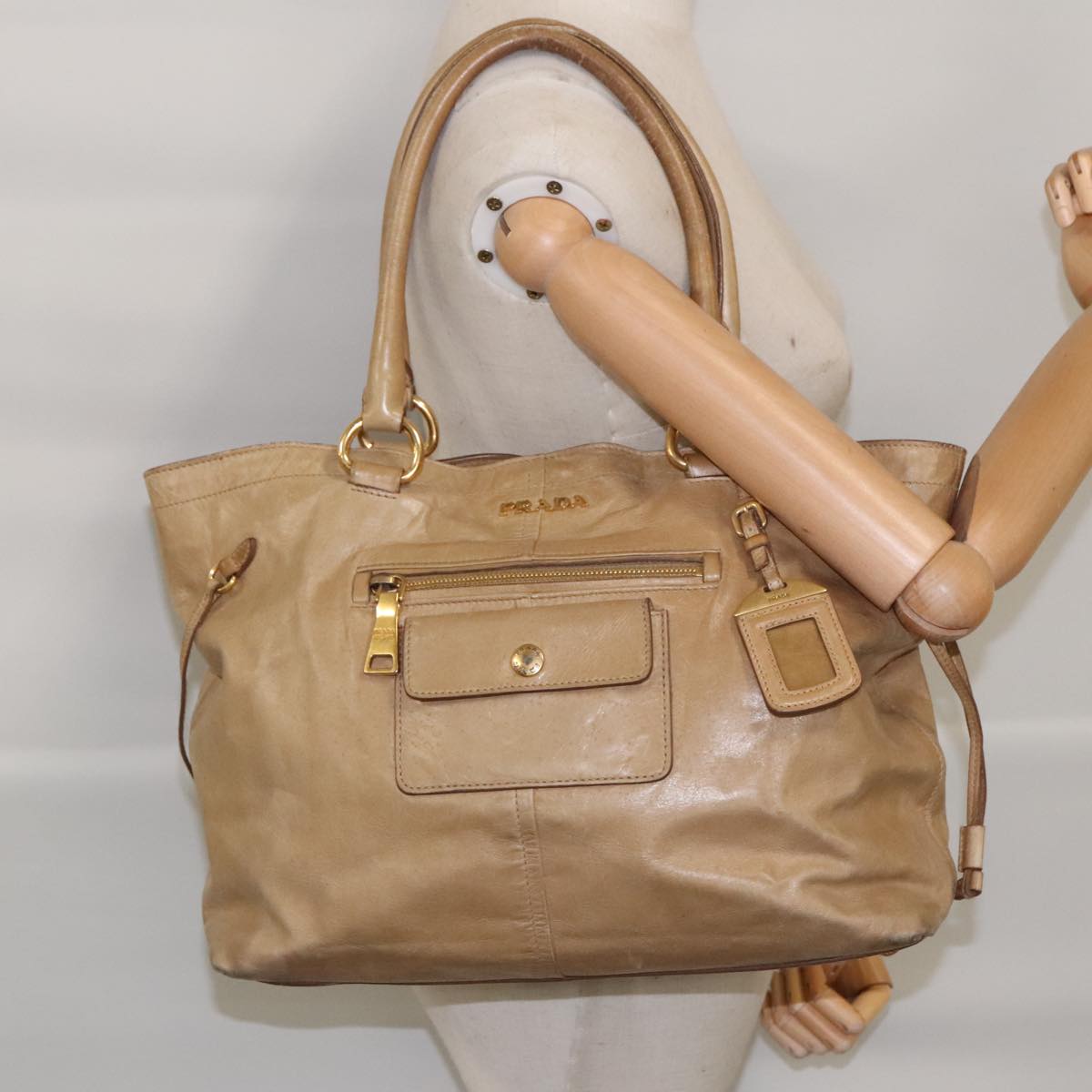 PRADA Hand Bag Leather Beige Gold Auth bs18407