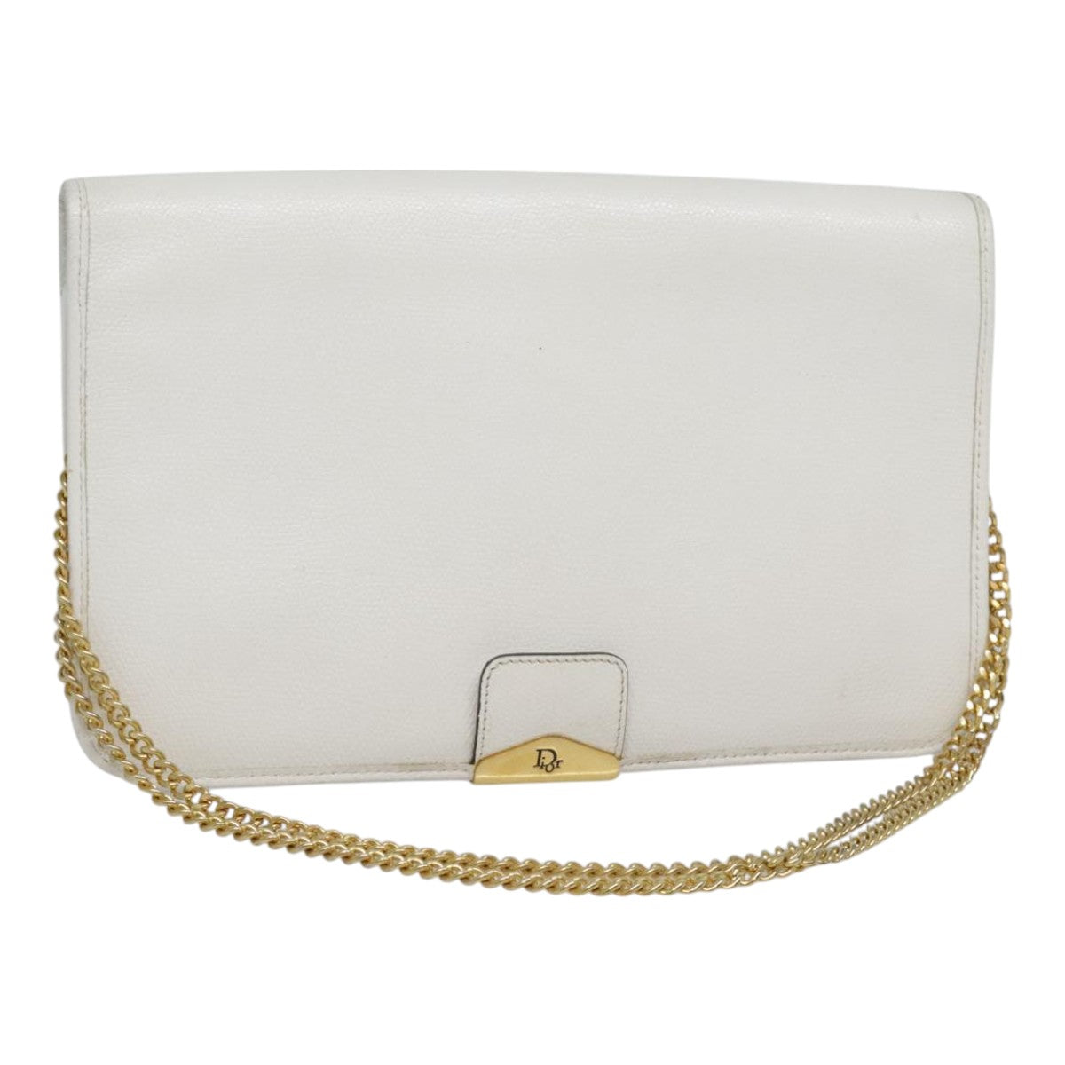 Christian Dior Chain Shoulder Bag Leather White Gold Auth bs18409