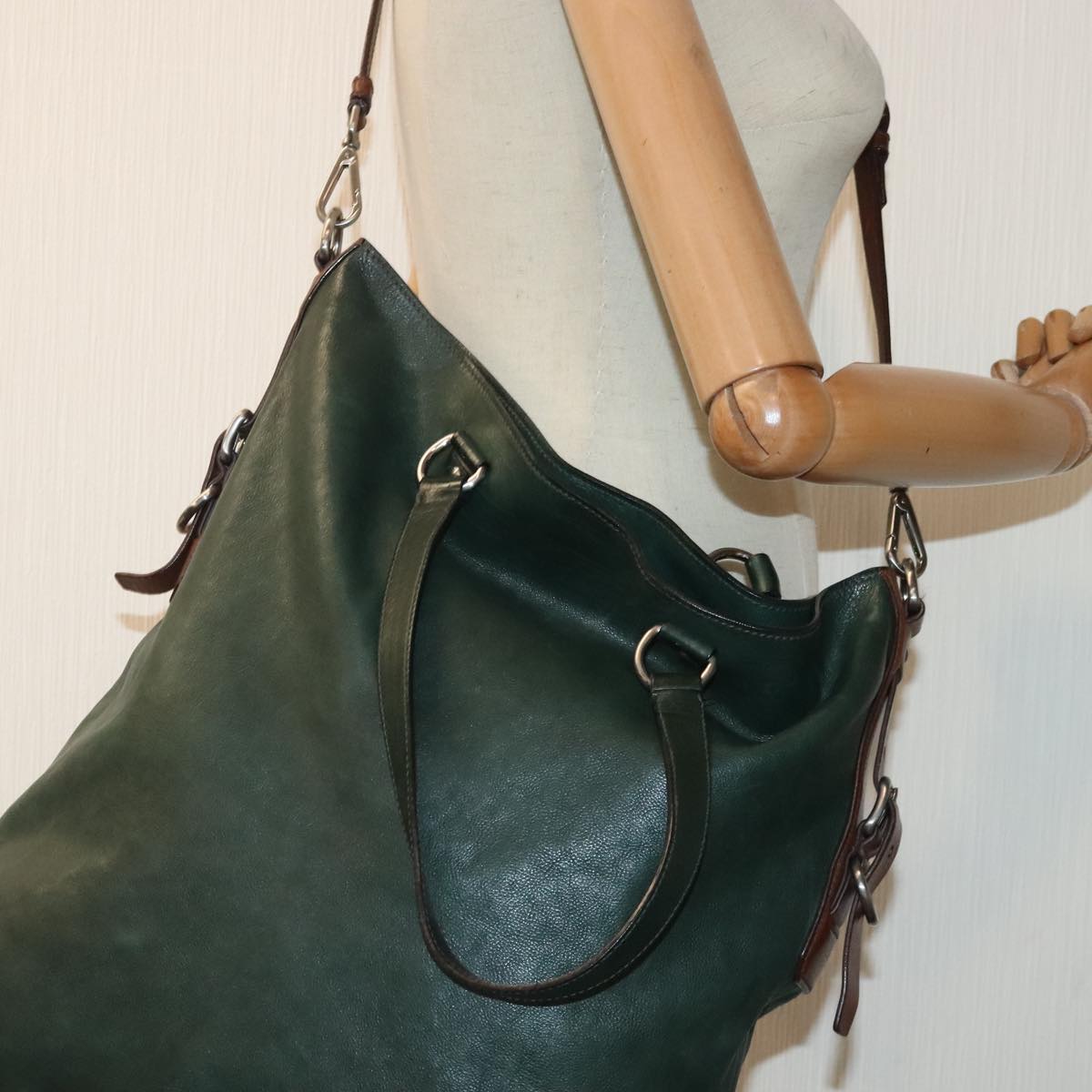 PRADA Tote Bag Leather 2way Green Auth bs18411