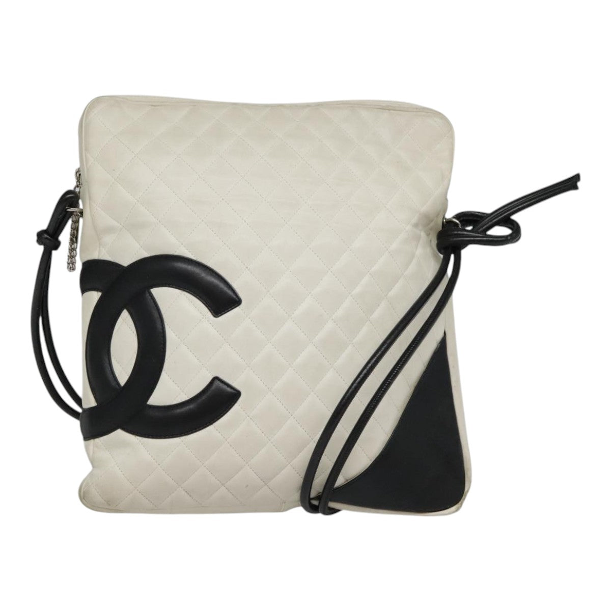 CHANEL Cambon Line Matelasse Shoulder Bag Leather White Silver CC Auth bs18413