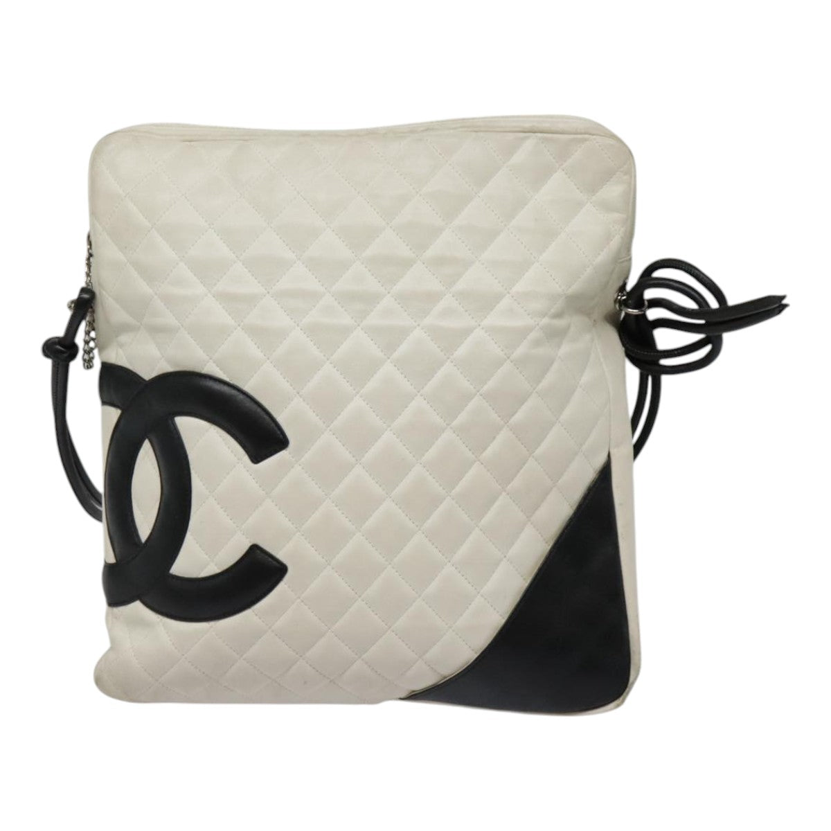 CHANEL Cambon Line Matelasse Shoulder Bag Leather White Silver CC Auth bs18413 - 0