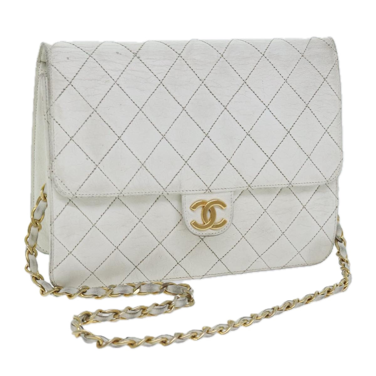 CHANEL Matelasse Chain Shoulder Bag Lamb Skin White Gold CC Auth bs18414