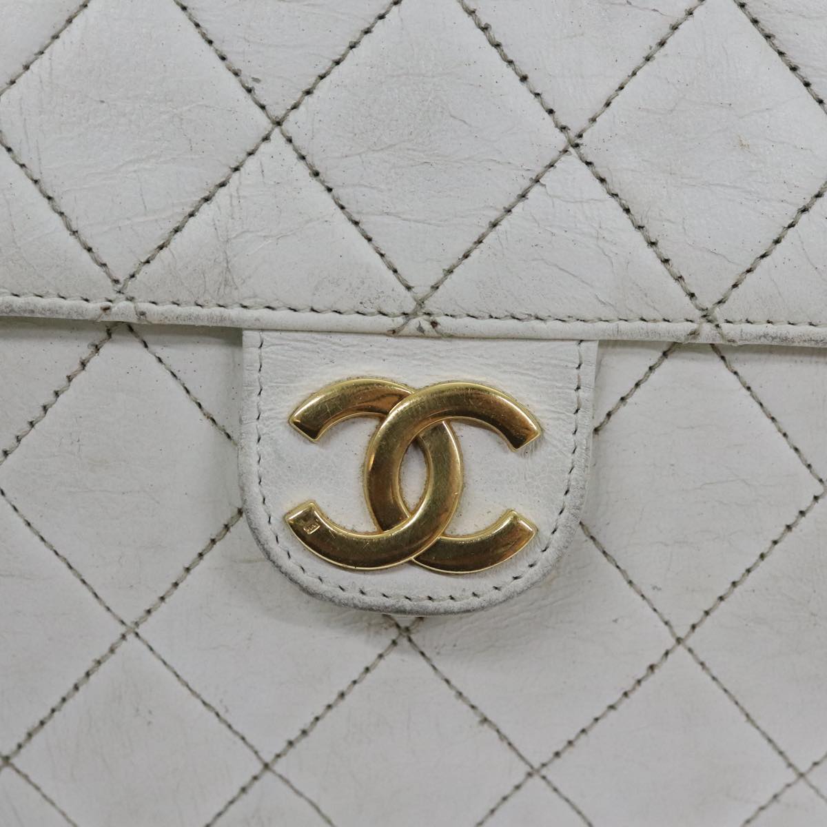 CHANEL Matelasse Chain Shoulder Bag Lamb Skin White Gold CC Auth bs18414