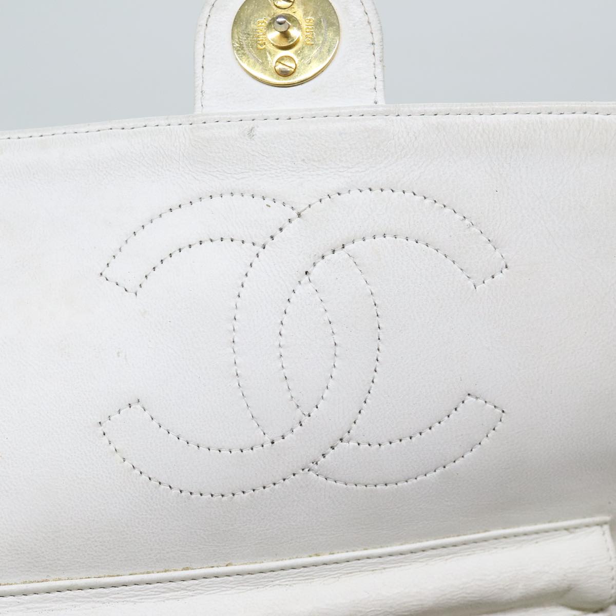 CHANEL Matelasse Chain Shoulder Bag Lamb Skin White Gold CC Auth bs18414