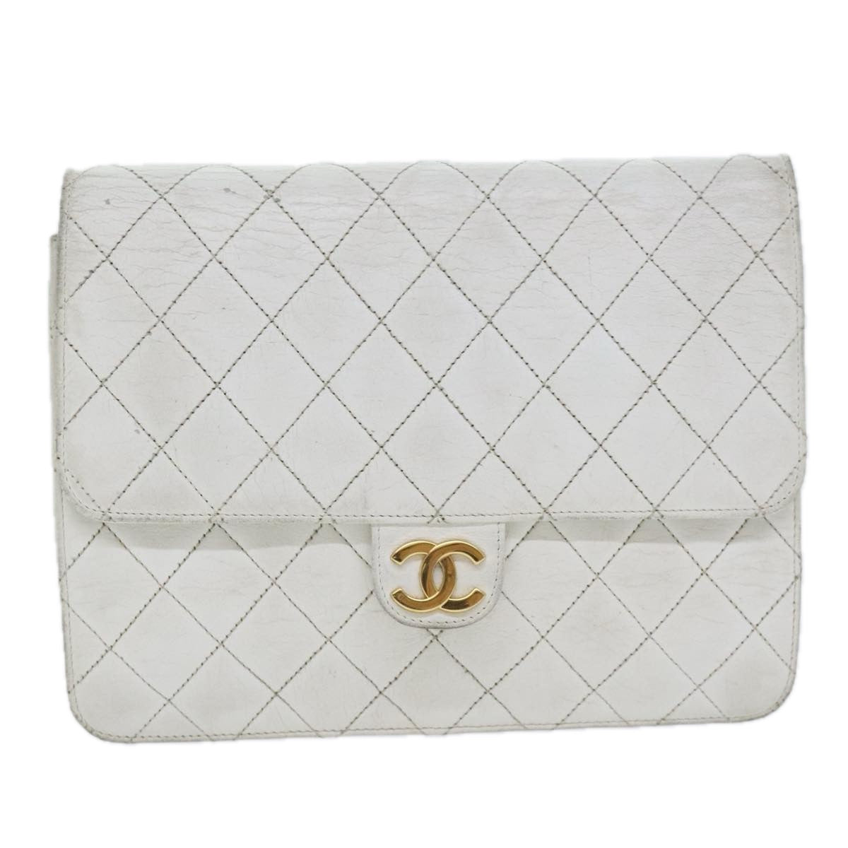 CHANEL Matelasse Chain Shoulder Bag Lamb Skin White Gold CC Auth bs18414