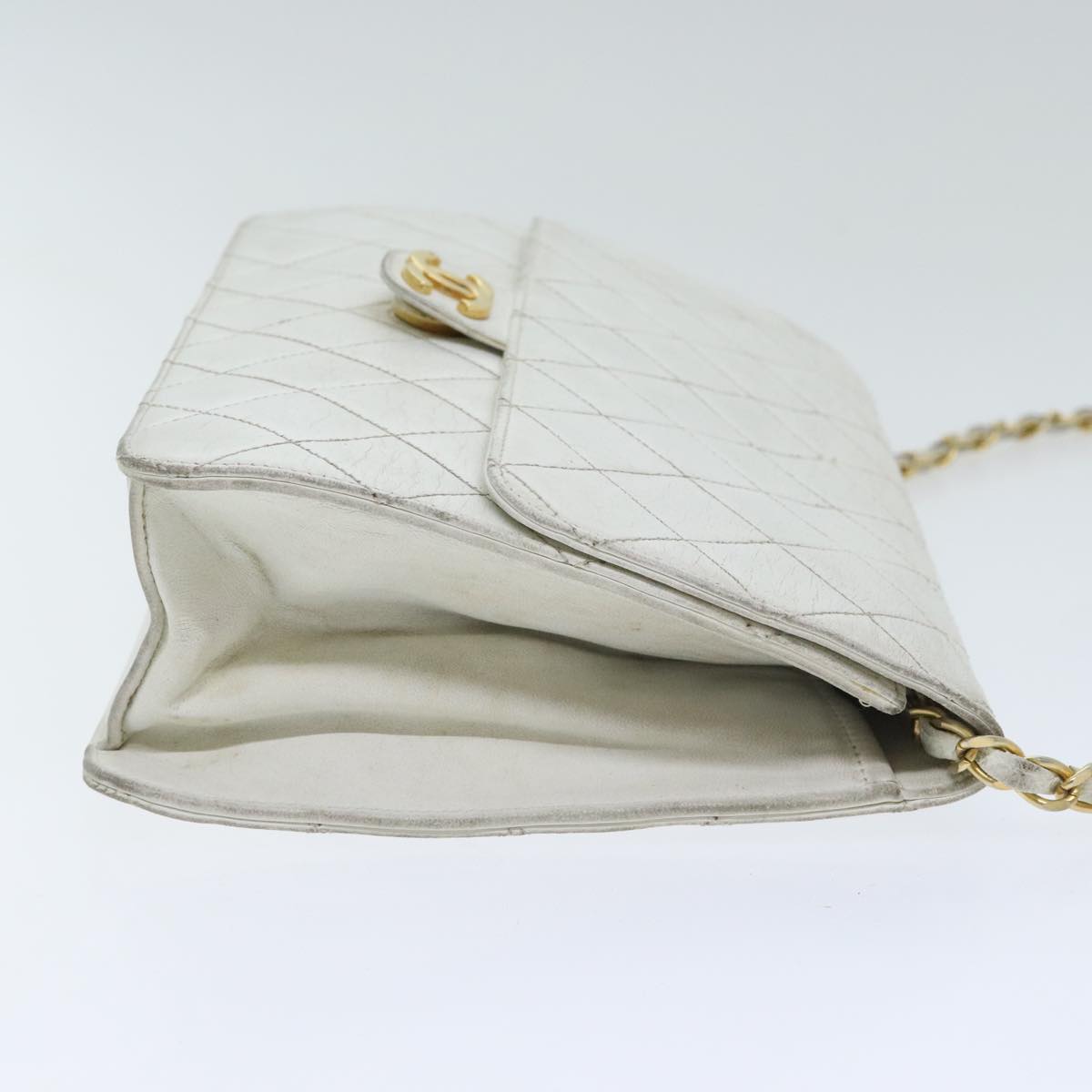 CHANEL Matelasse Chain Shoulder Bag Lamb Skin White Gold CC Auth bs18414