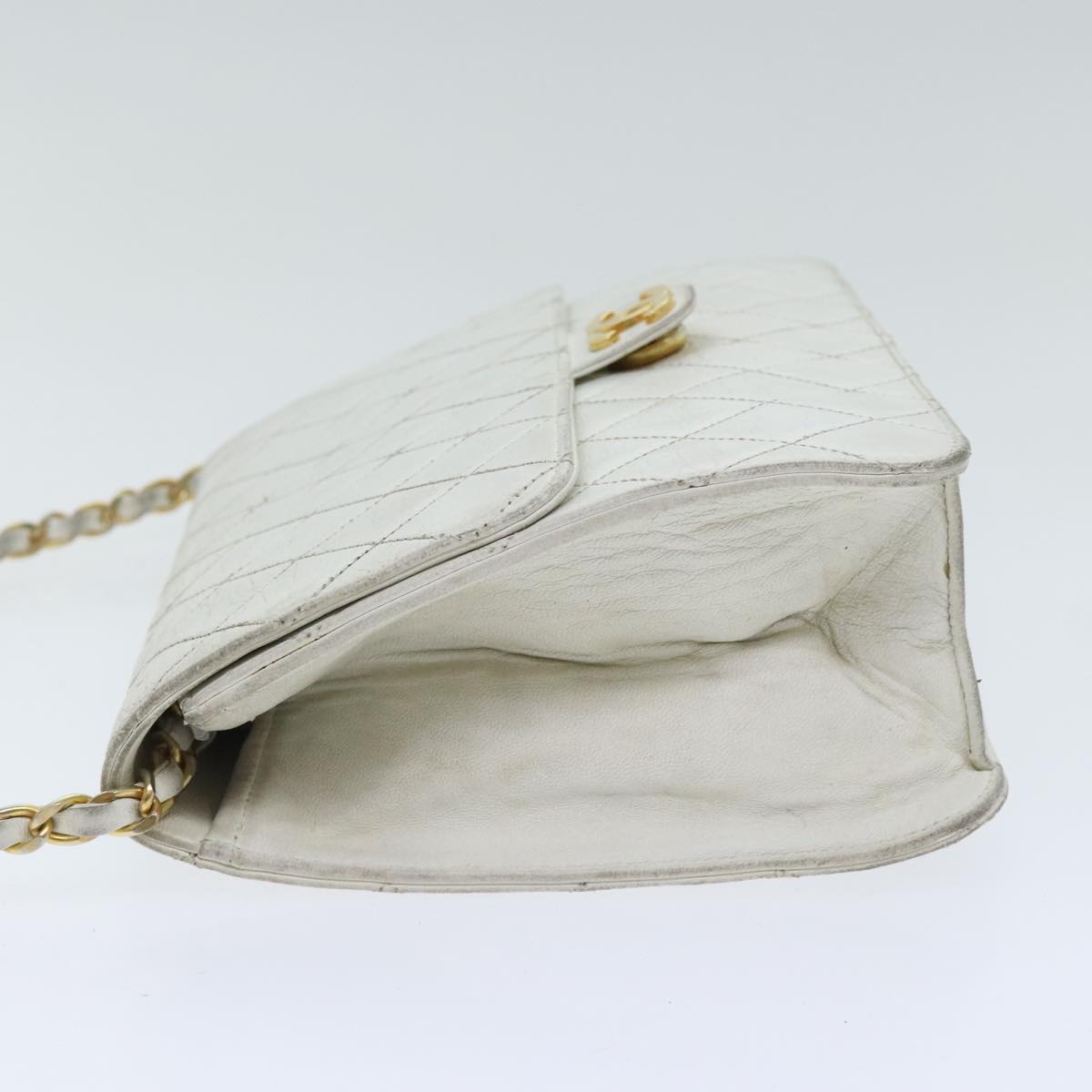 CHANEL Matelasse Chain Shoulder Bag Lamb Skin White Gold CC Auth bs18414