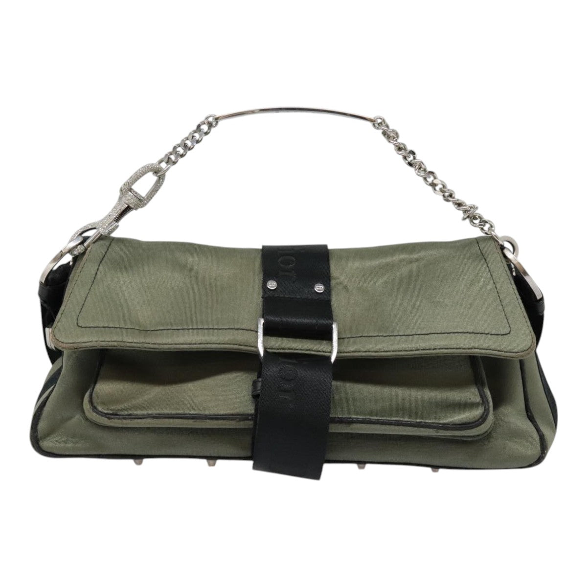 Christian Dior Shoulder Bag Canvas Khaki Silver Auth bs18427