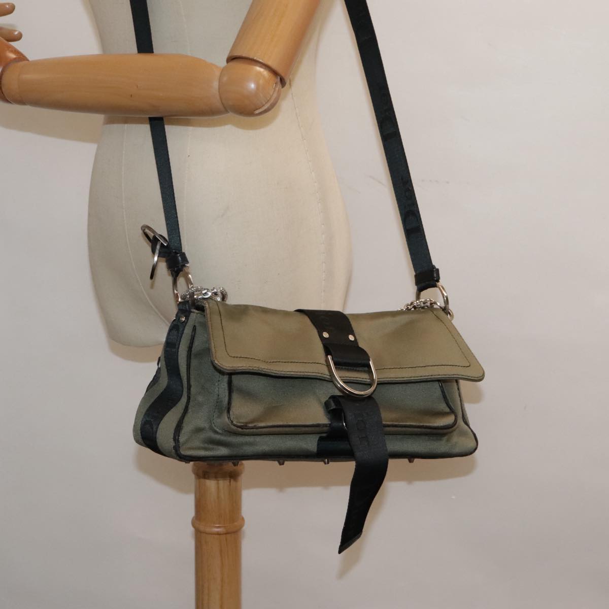 Christian Dior Shoulder Bag Canvas Khaki Silver Auth bs18427