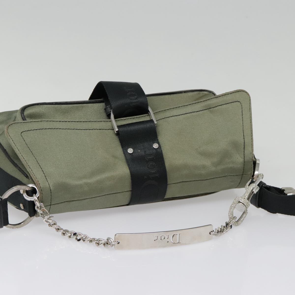 Christian Dior Shoulder Bag Canvas Khaki Silver Auth bs18427