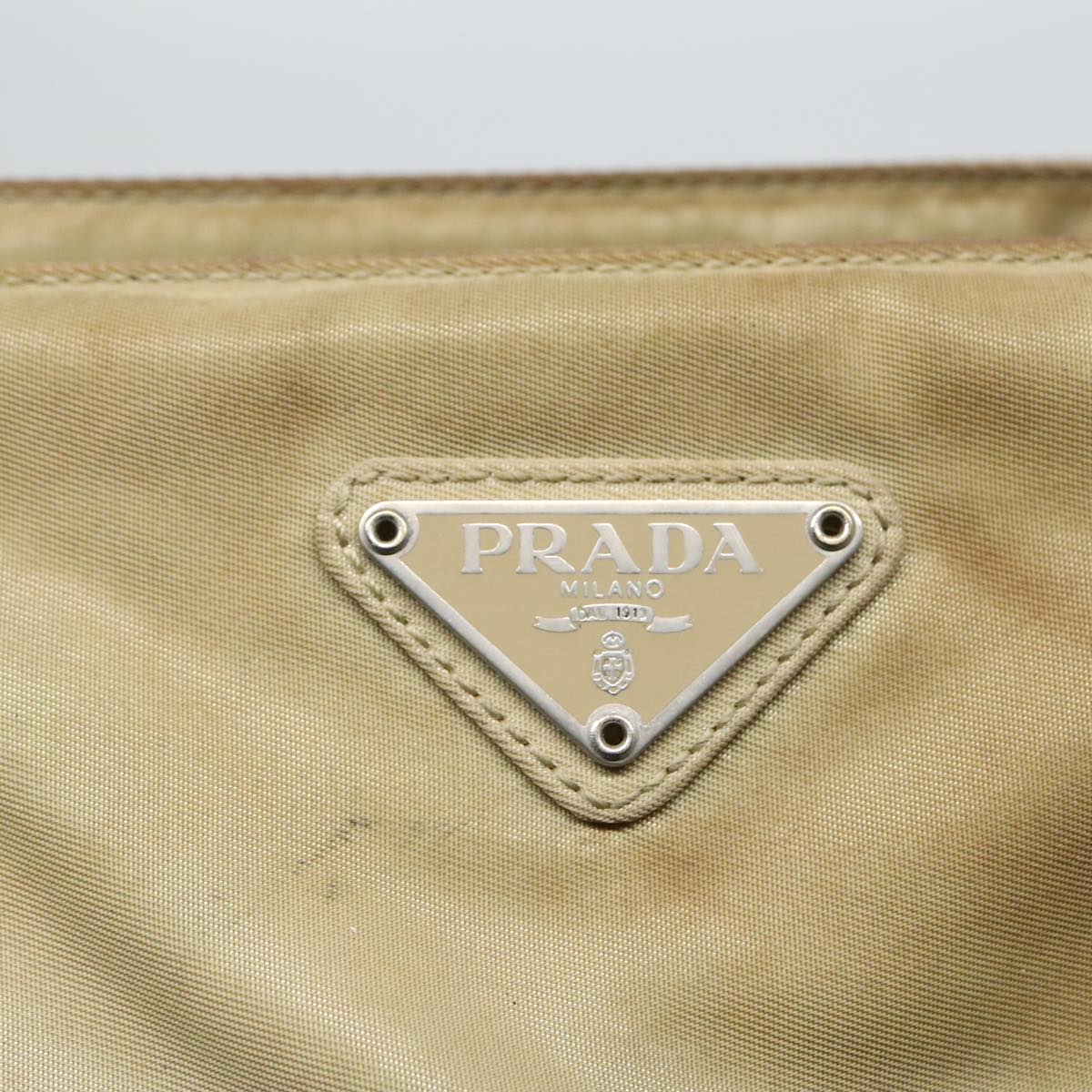 PRADA Tote Bag Nylon Beige Silver Auth bs18439