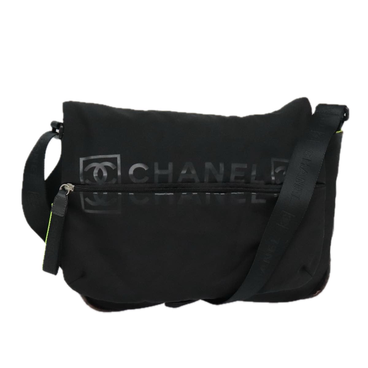 CHANEL Sports Shoulder Bag Nylon Black Silver CC Auth bs18444