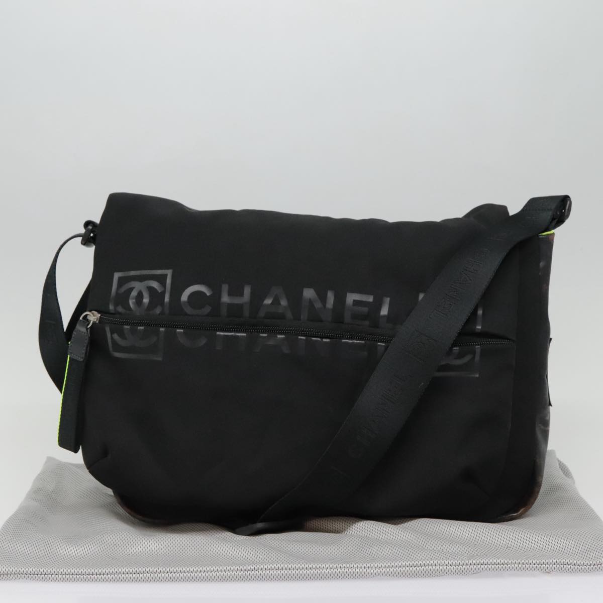 CHANEL Sports Shoulder Bag Nylon Black Silver CC Auth bs18444