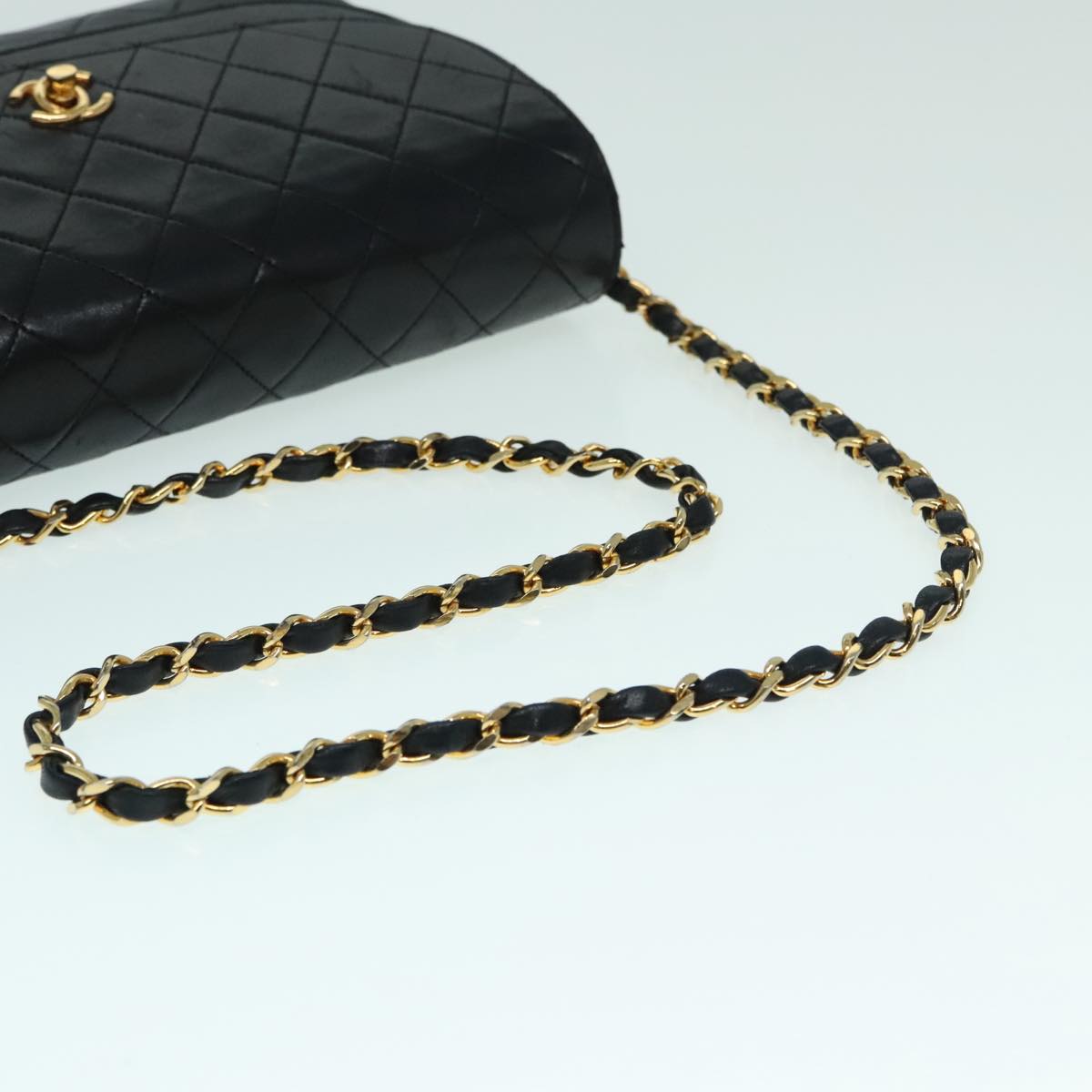 CHANEL Matelasse Chain Shoulder Bag Lamb Skin Gold Black CC Auth bs18449