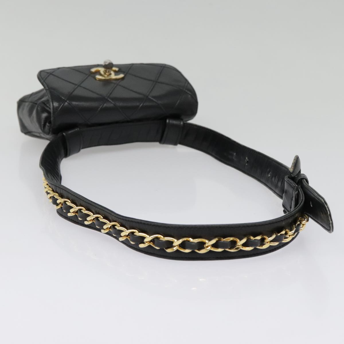 CHANEL Bicolore Chain Waist bag Leather Black Gold CC Auth bs18454