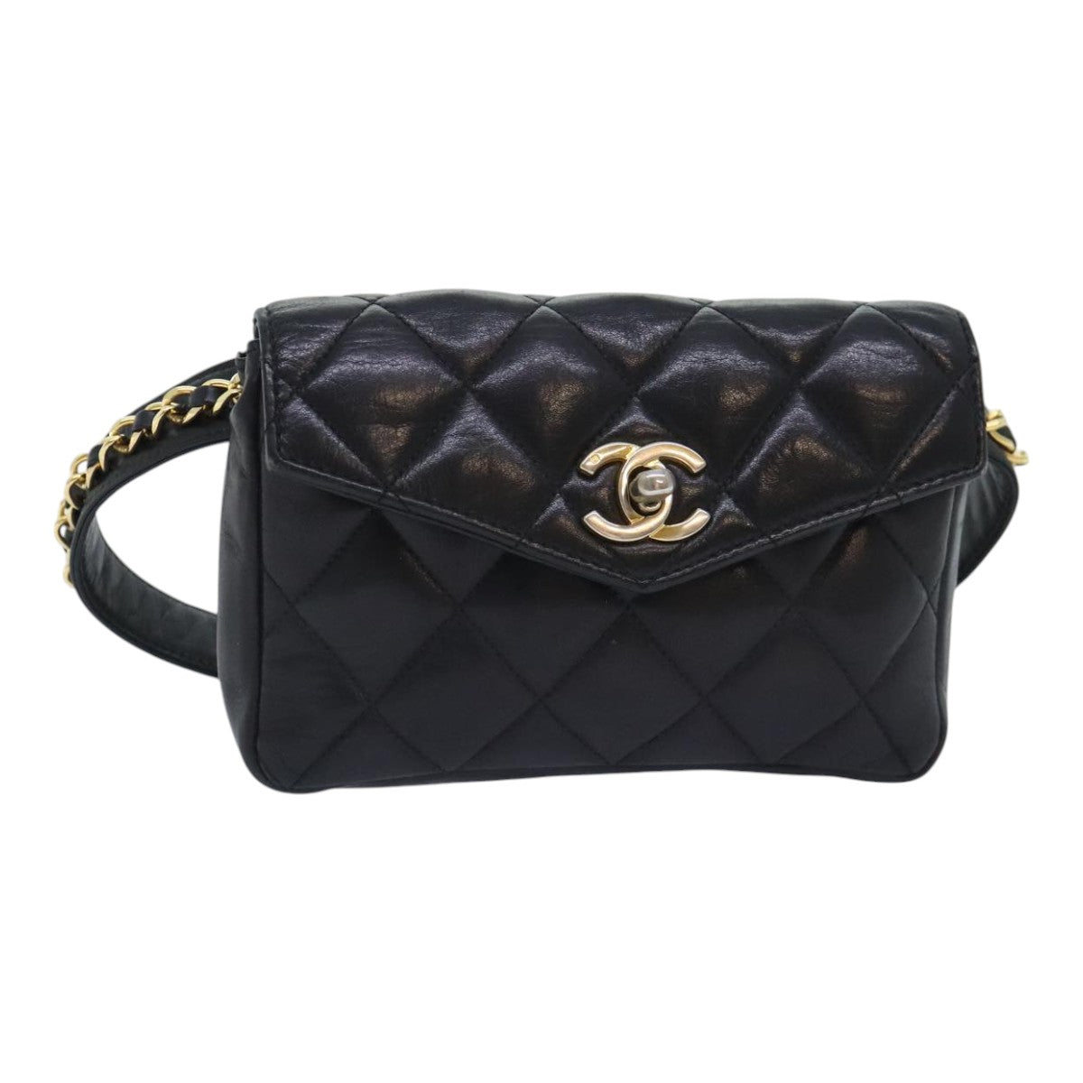 CHANEL Matelasse Waist bag Lamb Skin Black Gold CC Auth bs18455