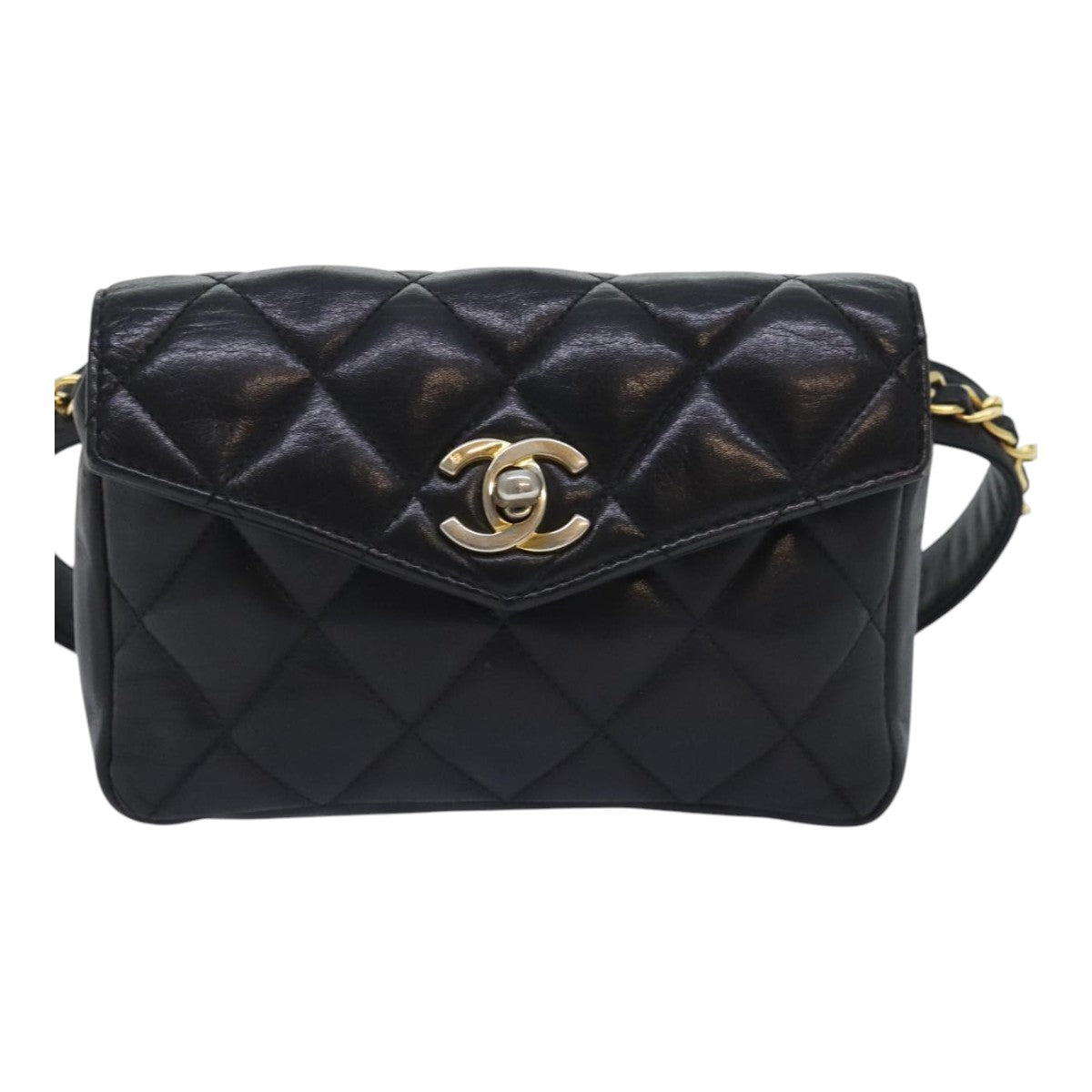 CHANEL Matelasse Waist bag Lamb Skin Black Gold CC Auth bs18455