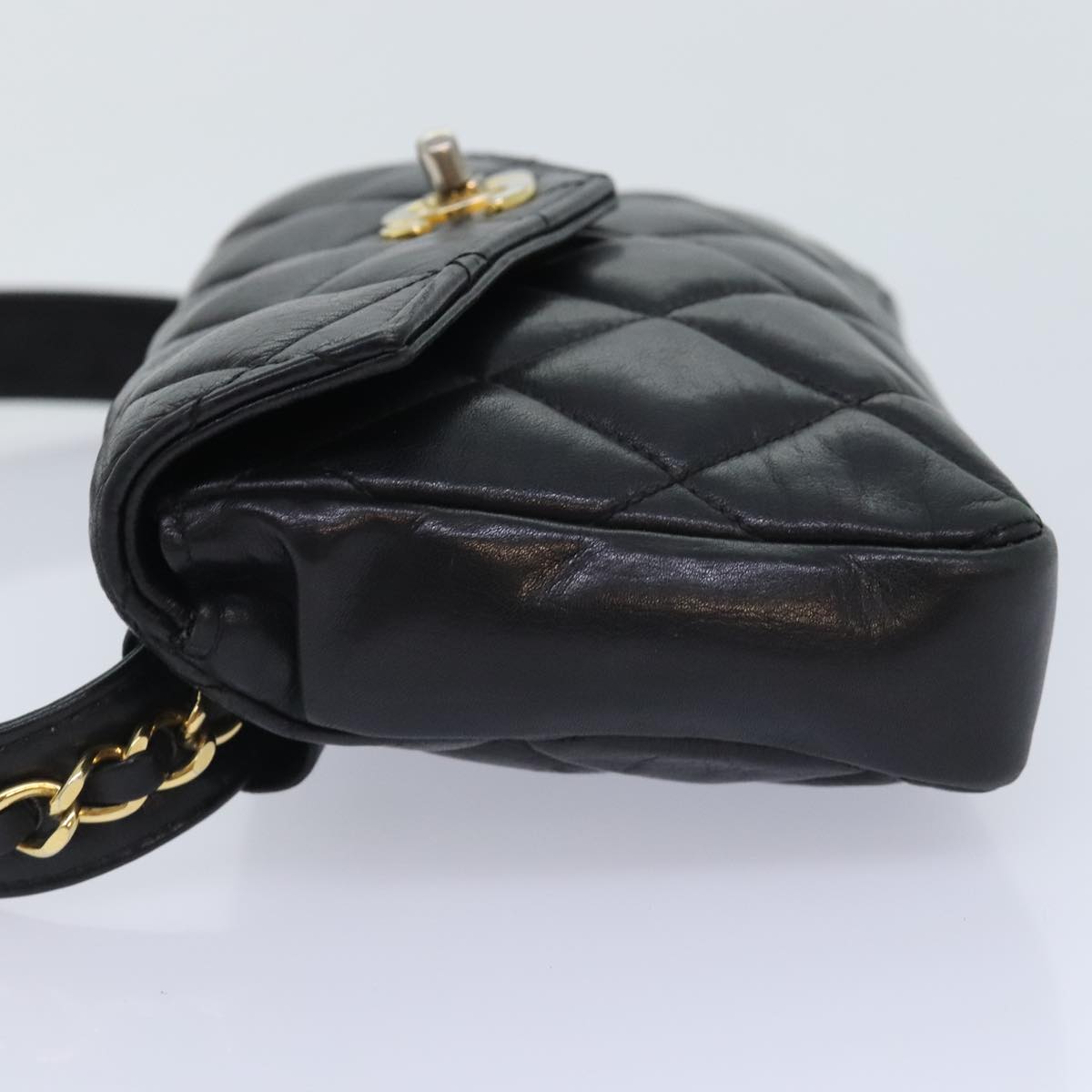 CHANEL Matelasse Waist bag Lamb Skin Black Gold CC Auth bs18455