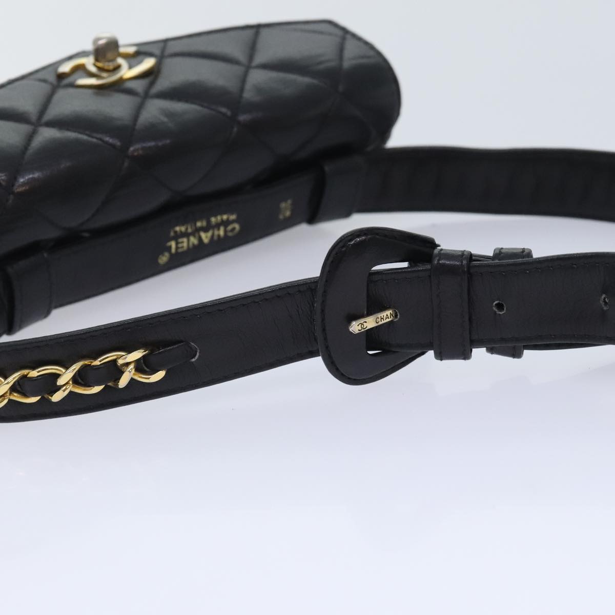 CHANEL Matelasse Waist bag Lamb Skin Black Gold CC Auth bs18455