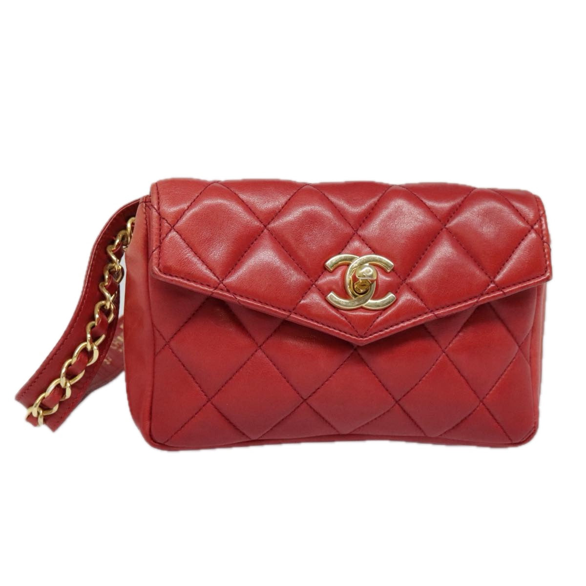 CHANEL Matelasse Chain Waist bag Lamb Skin Red Gold CC Auth bs18456