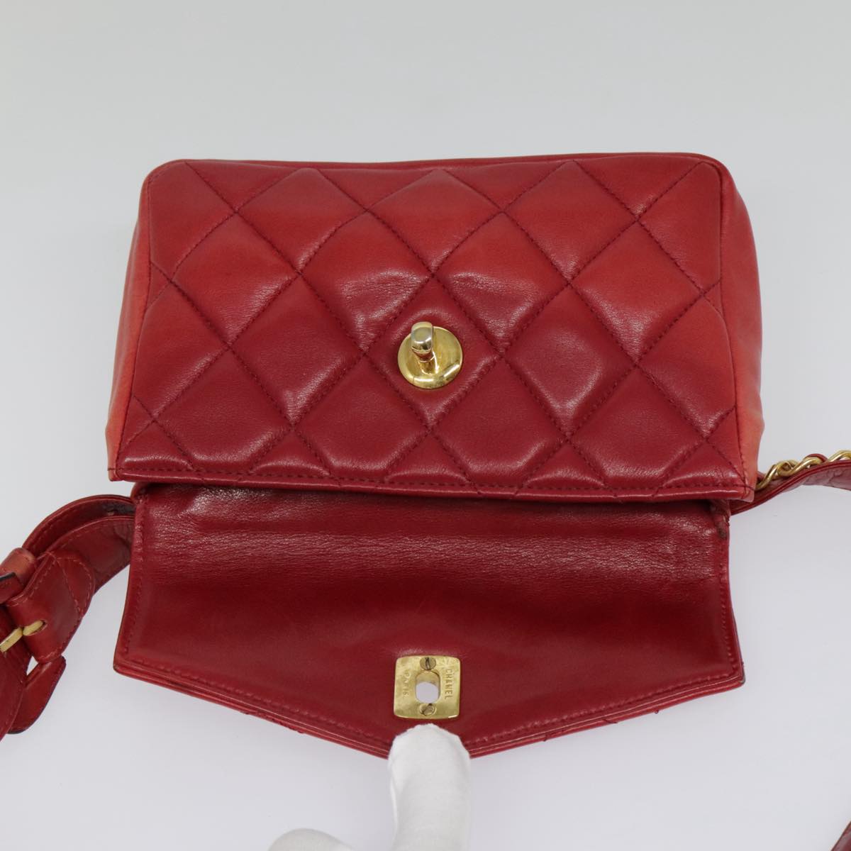 CHANEL Matelasse Chain Waist bag Lamb Skin Red Gold CC Auth bs18456