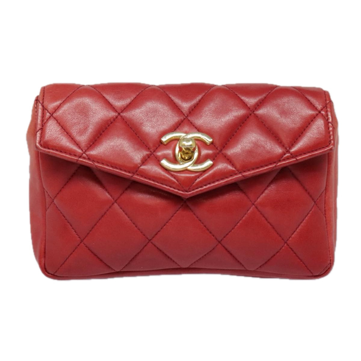 CHANEL Matelasse Chain Waist bag Lamb Skin Red Gold CC Auth bs18456