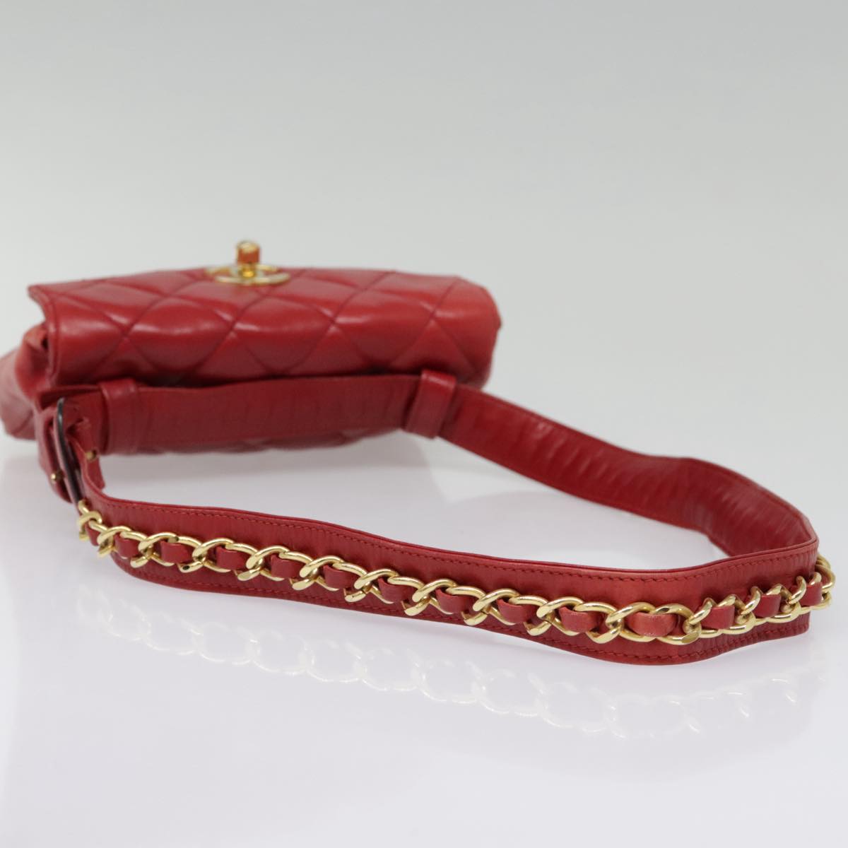 CHANEL Matelasse Chain Waist bag Lamb Skin Red Gold CC Auth bs18456