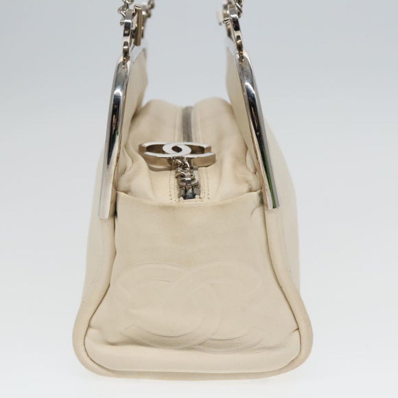 CHANEL Matelasse Hand Bag Leather White Silver CC Auth bs18457