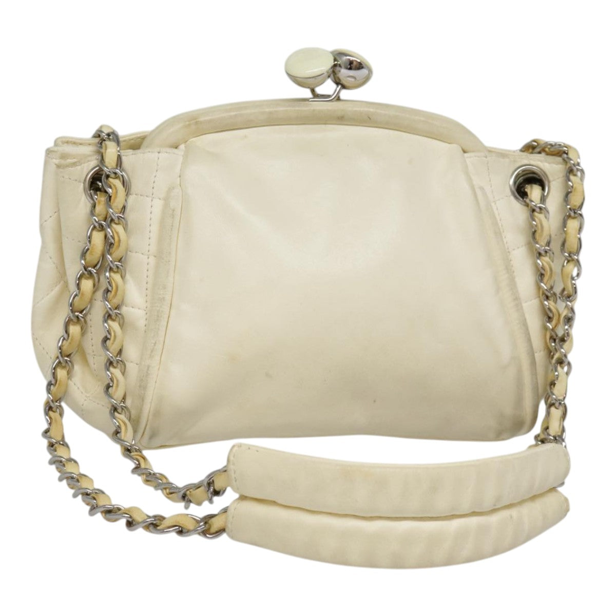 CHANEL Matelasse Chain Shoulder Bag Leather Beige Silver CC Auth bs18463