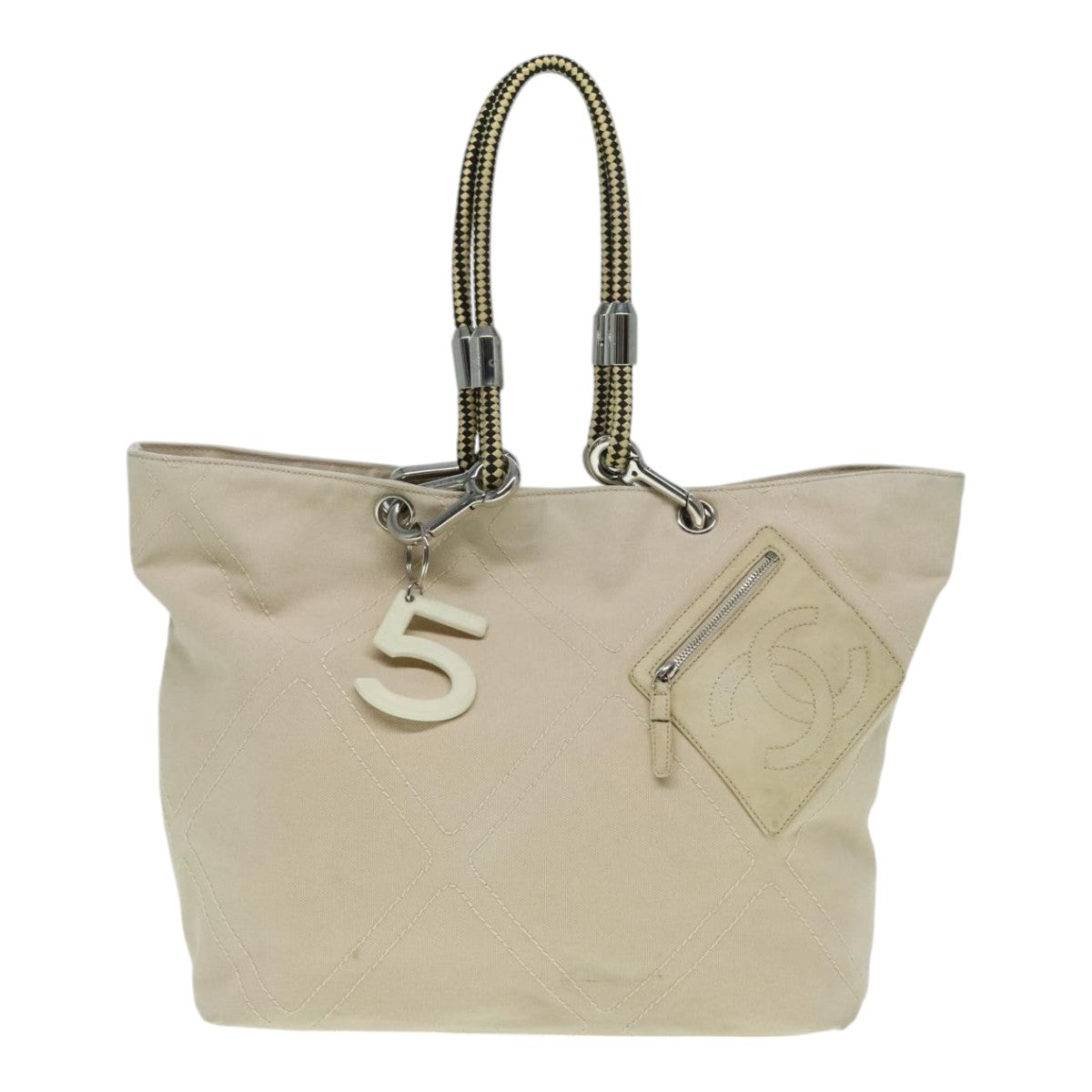 CHANEL COCO Mark Tote Bag Canvas Beige Silver CC Auth bs18464