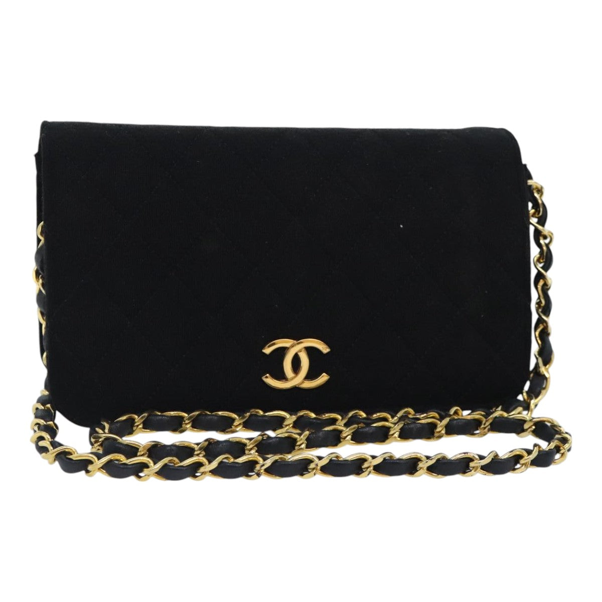 CHANEL Matelasse Chain Shoulder Bag Cotton Black Gold CC Auth bs18465